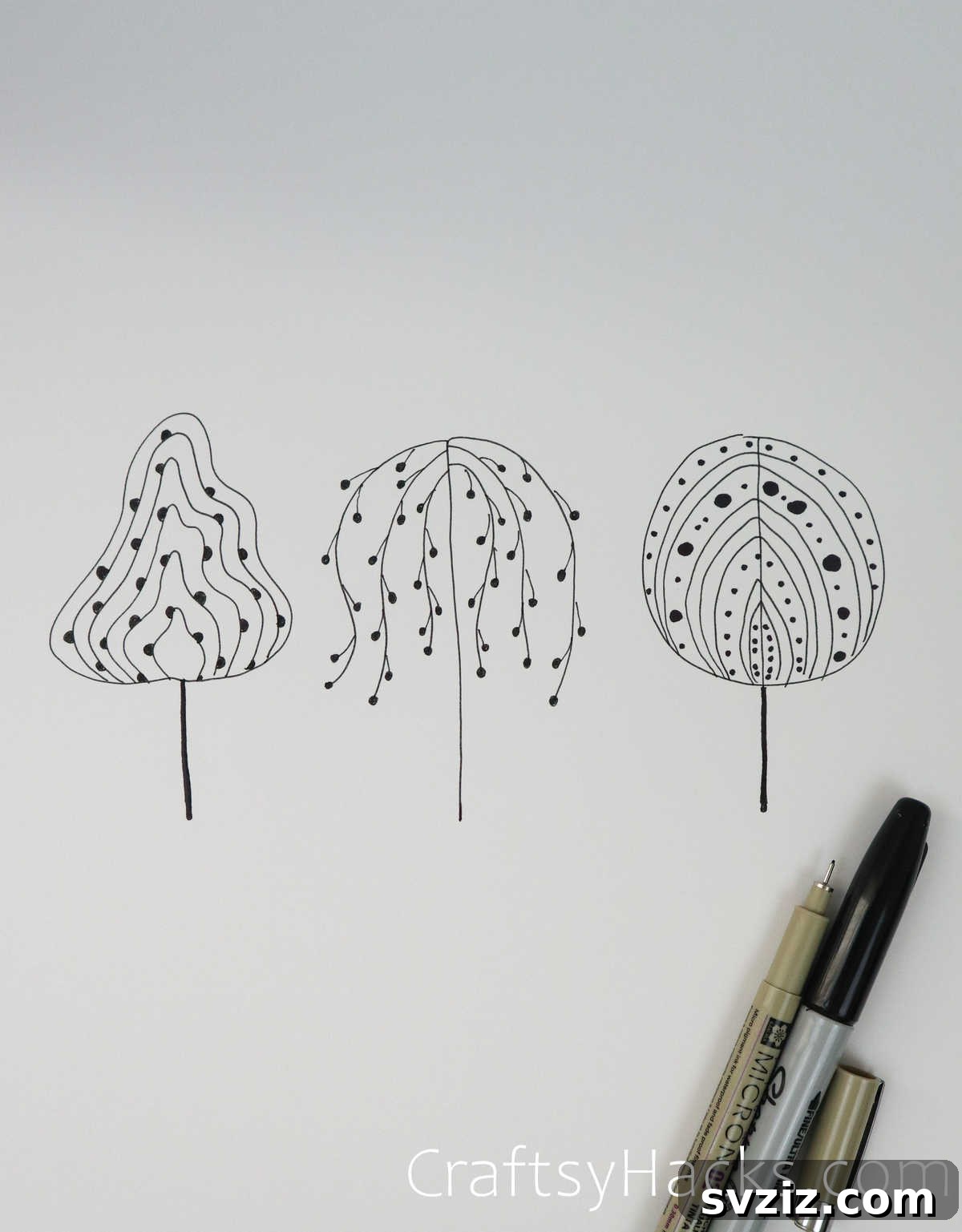 21 Simple Tree Drawing Prompts 6 Minimalist patterned line and dot trees, showcasing unique graphic design in drawing