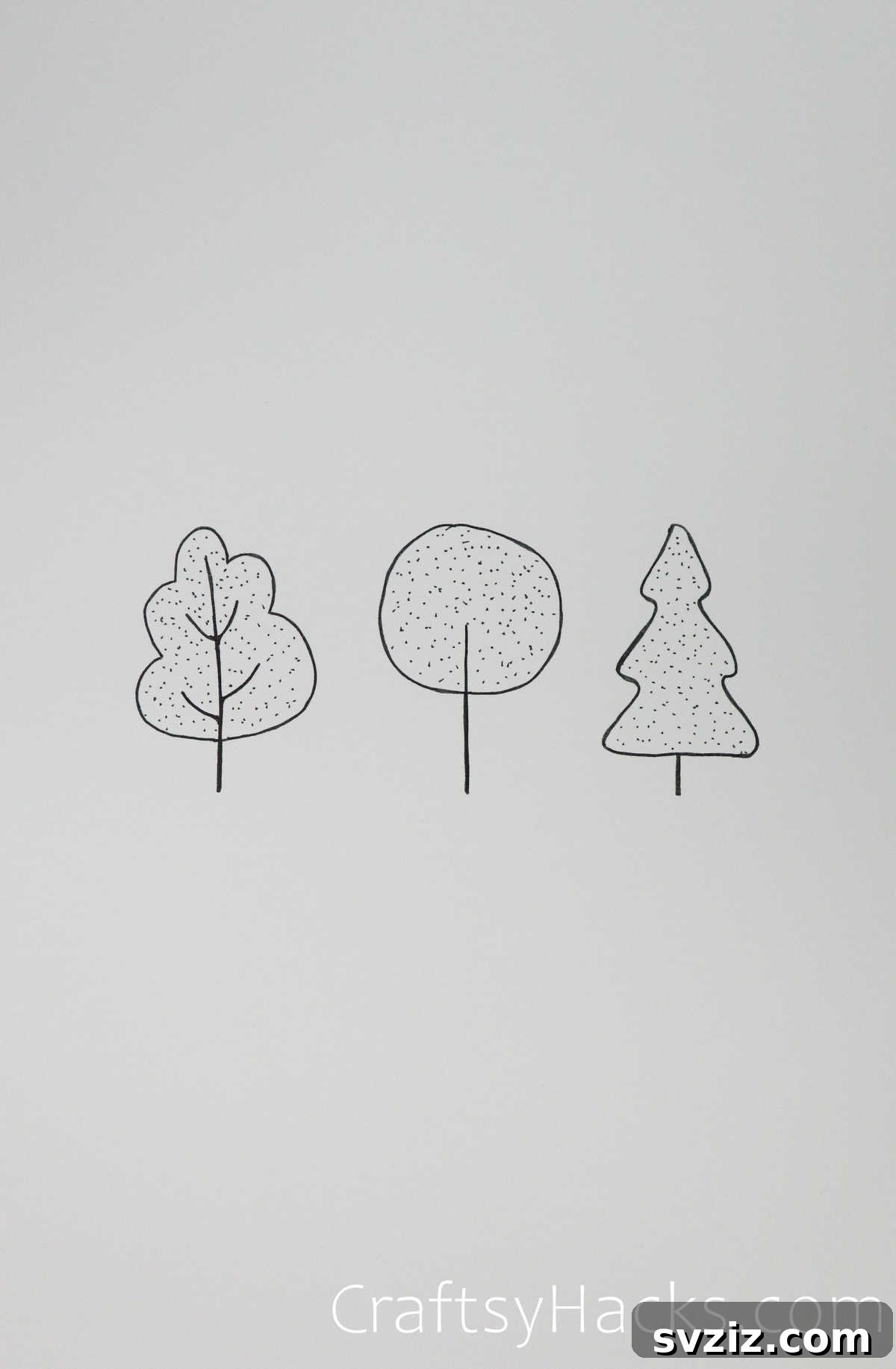 21 Simple Tree Drawing Prompts 10 A simple yet engaging trio of trees with distinct textures and shapes