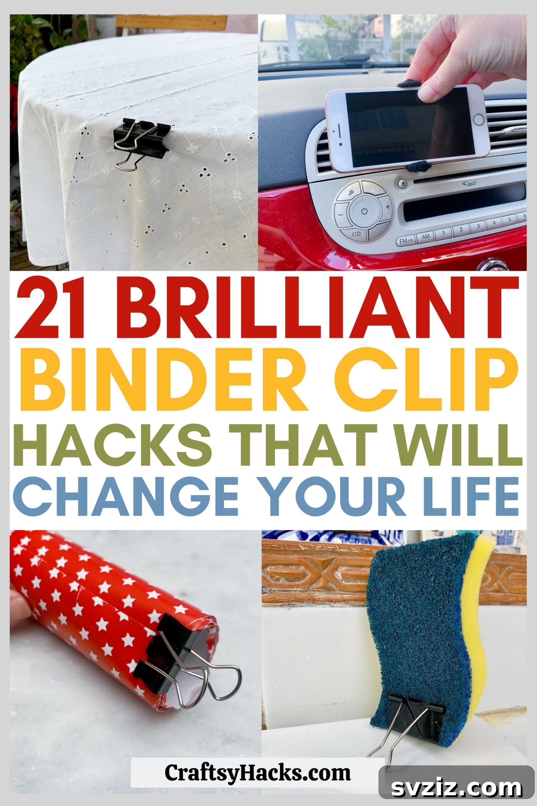 Collection of clever binder clip hacks for home organization and simplifying daily tasks