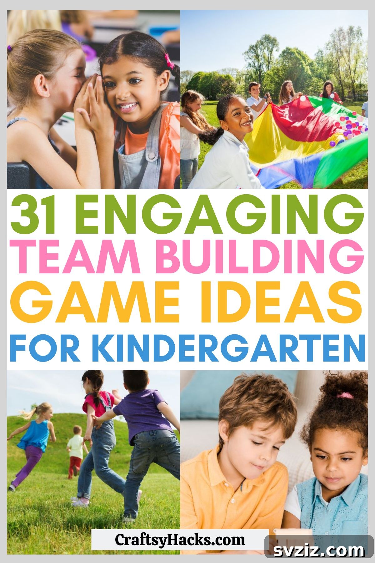 Kindergarten children playing various team building games, laughing and interacting happily