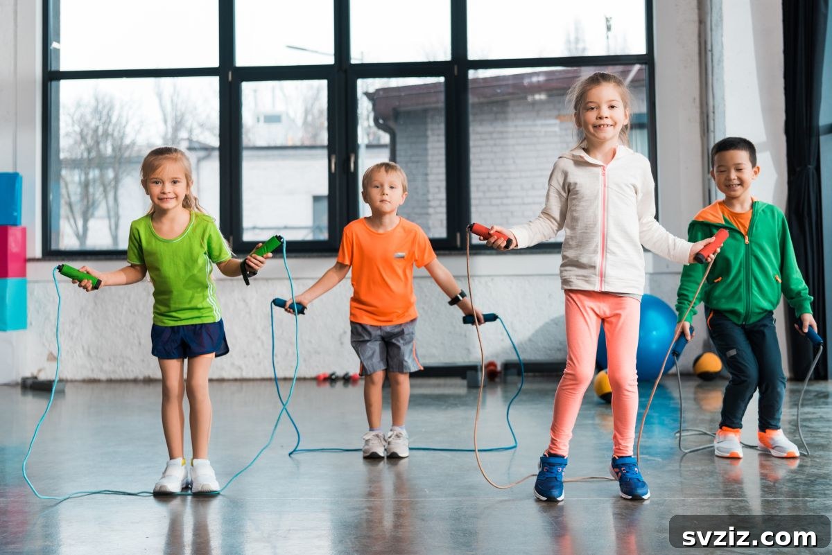 Kids playing group jump rope, collaborating to jump over a long rope