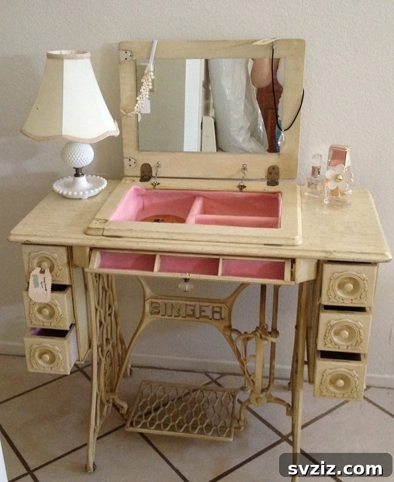 15 Brilliant DIY Furniture Flips 3 Old Sewing Machine transformed into a vanity table