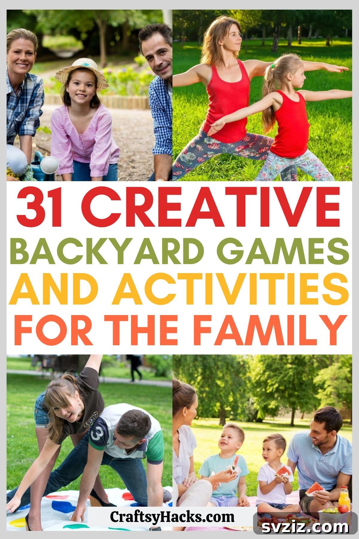 Families enjoying various backyard activities together