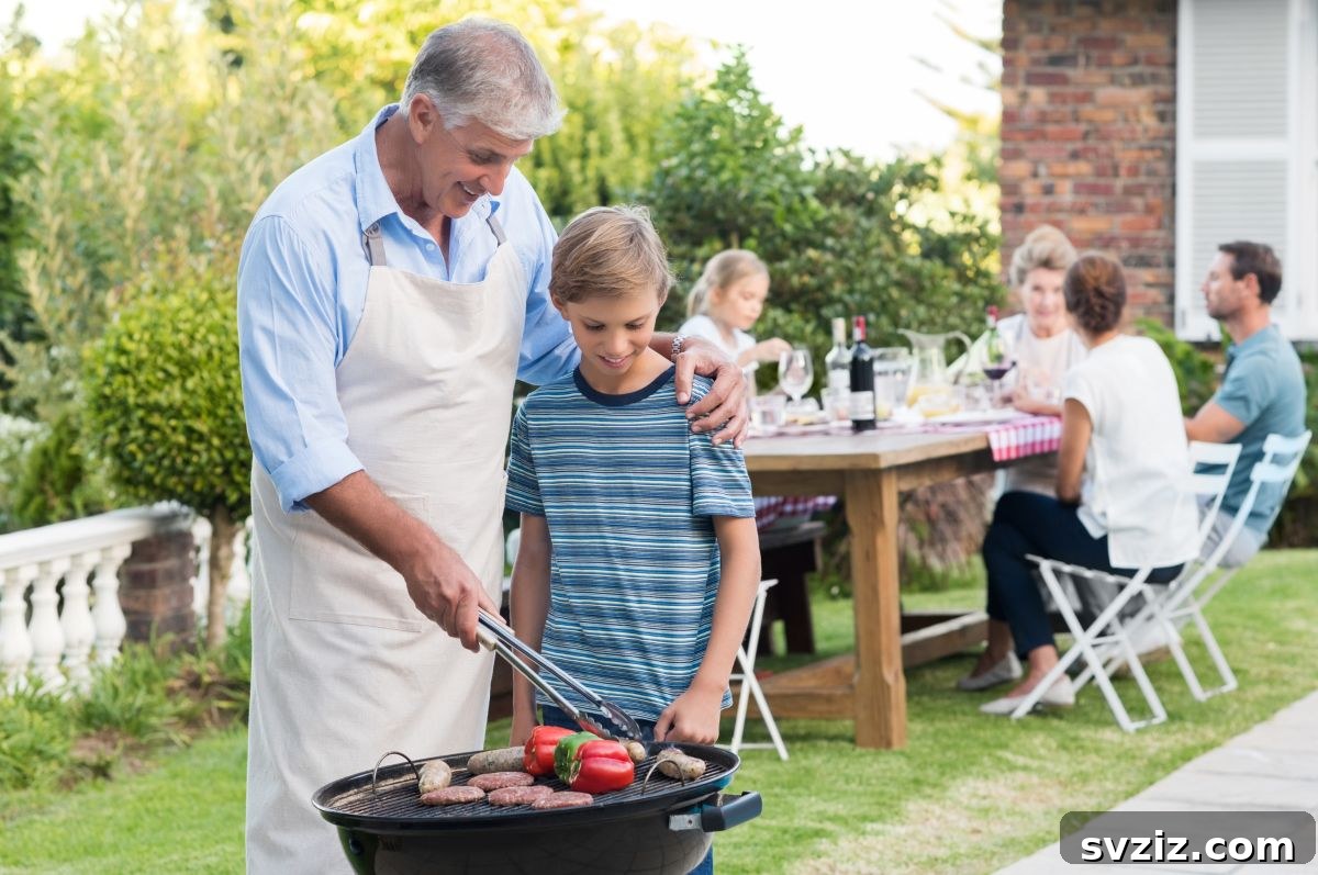 Family gathered around a BBQ grill in a backyard