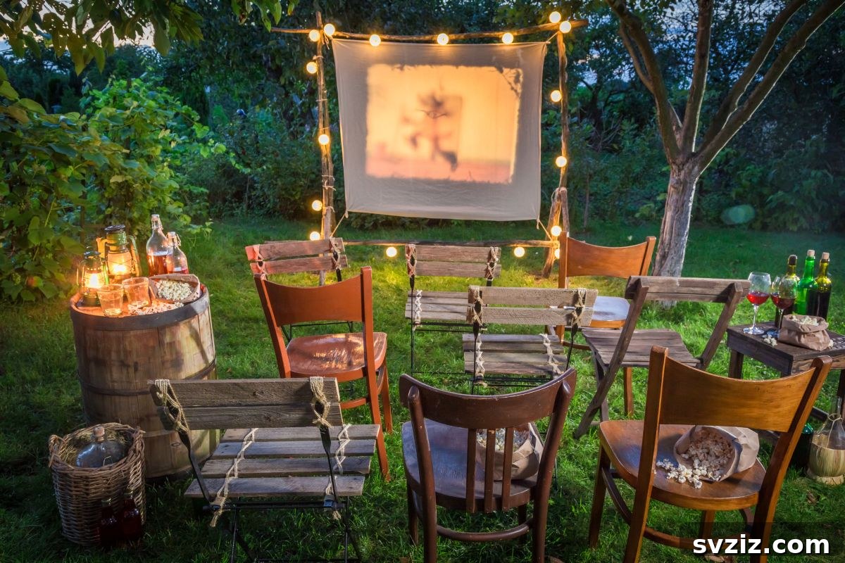 Family watching an outdoor movie in their backyard