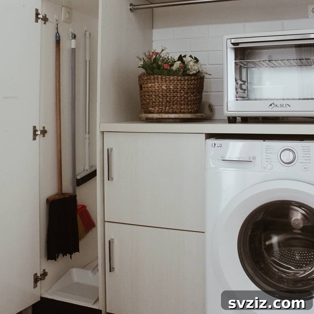 Wall-mounted hooks holding brooms and cleaning tools