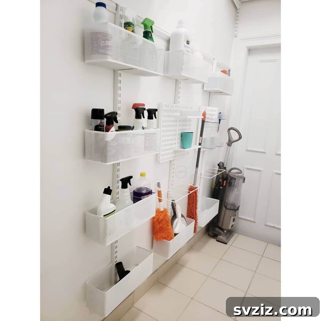 DIY wall shelving unit storing laundry supplies in an organized manner
