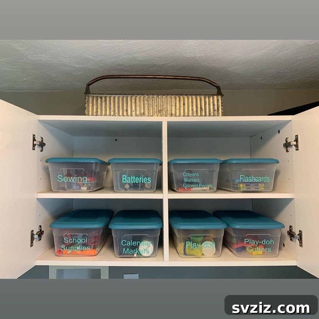 Laundry supplies neatly organized in labeled plastic containers