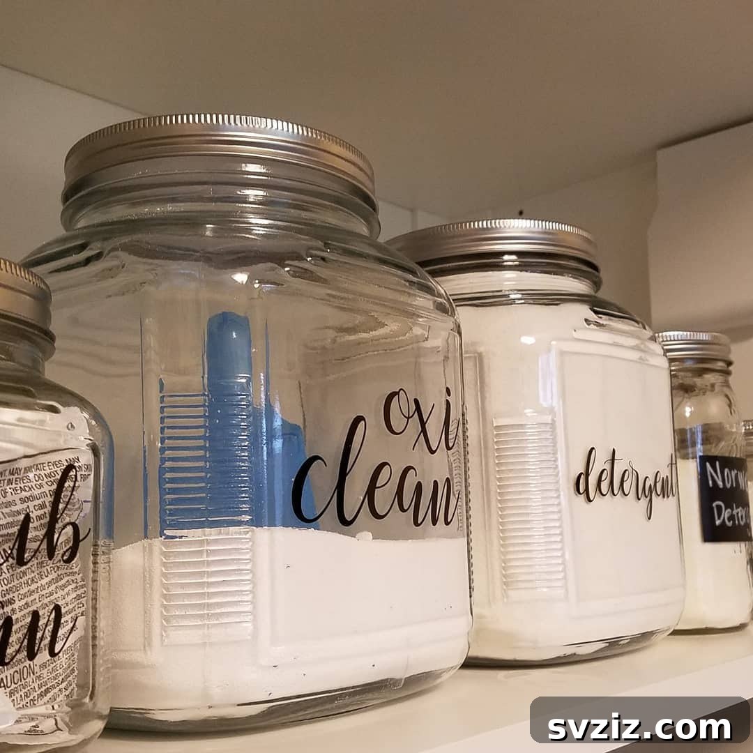 Glass jars with decorative adhesive labels storing laundry powder