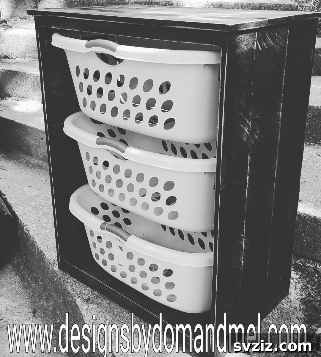 DIY wooden storage unit with integrated plastic laundry bins