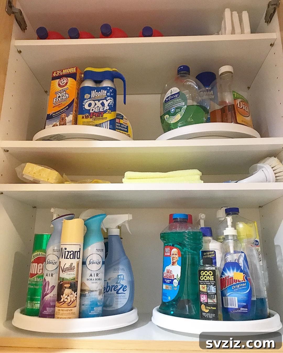Cleaning products and laundry detergents on a rotating display tray