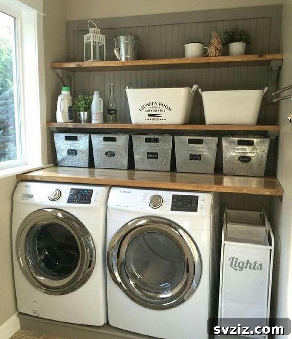 Custom built shelves above and between washer and dryer units