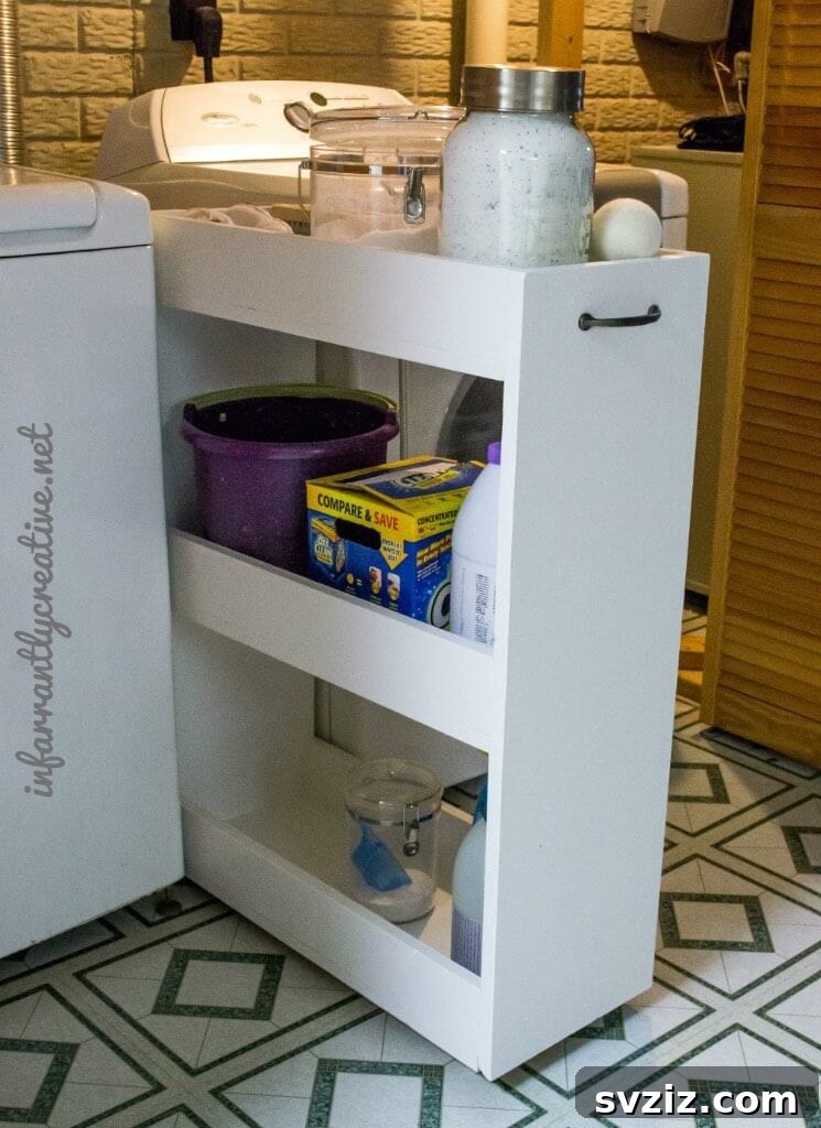 DIY slim rolling storage cart for laundry supplies between appliances