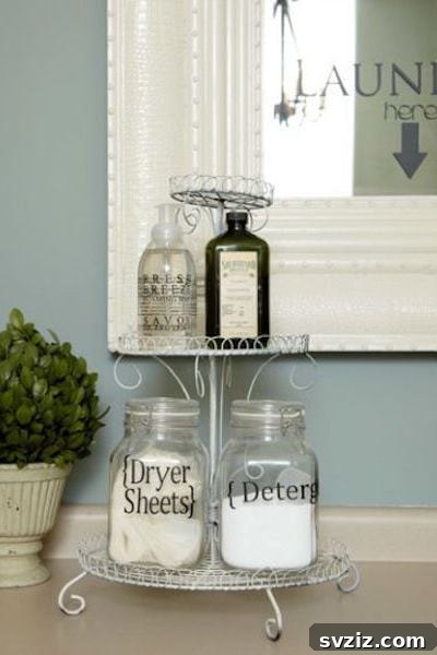 Laundry detergents and supplies elegantly displayed on a dessert stand