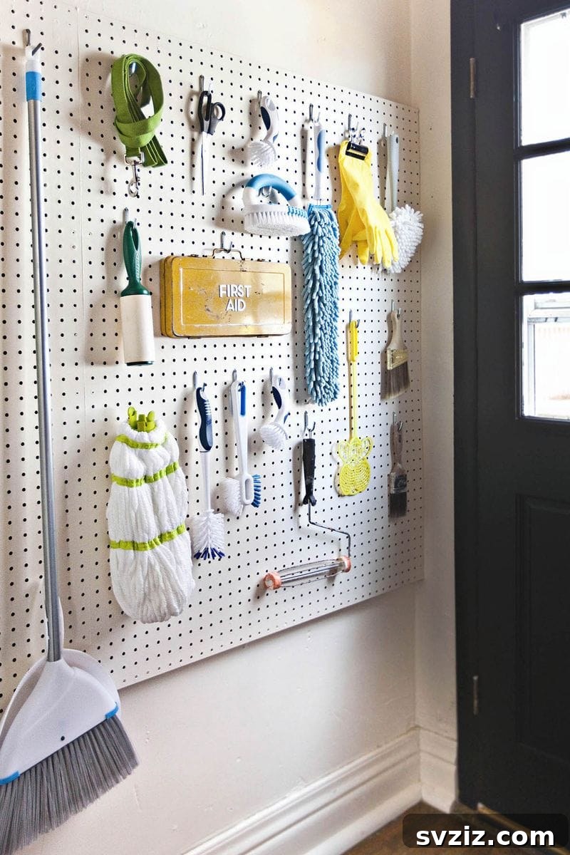 Laundry room wall with a well-organized pegboard system