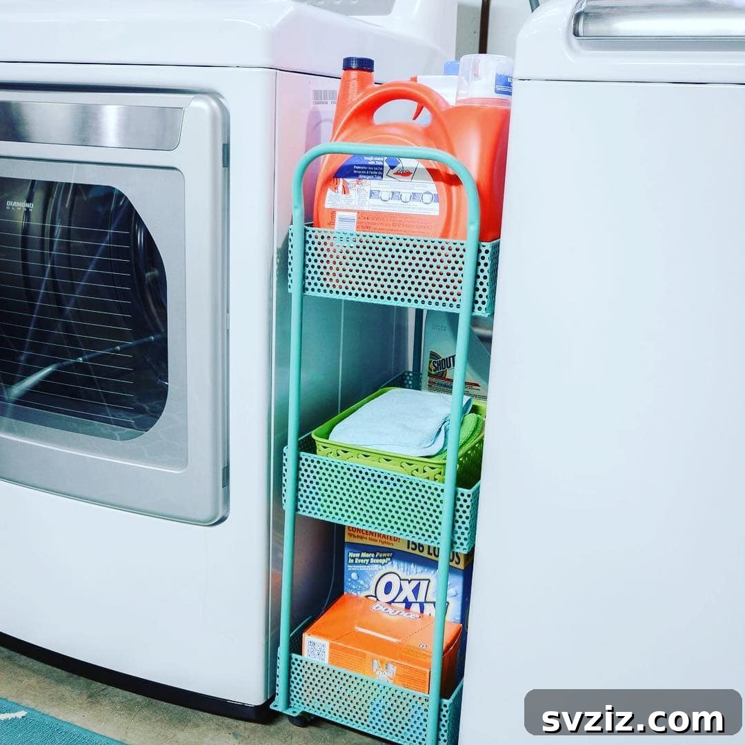 Slim rolling cart neatly placed between washer and dryer units