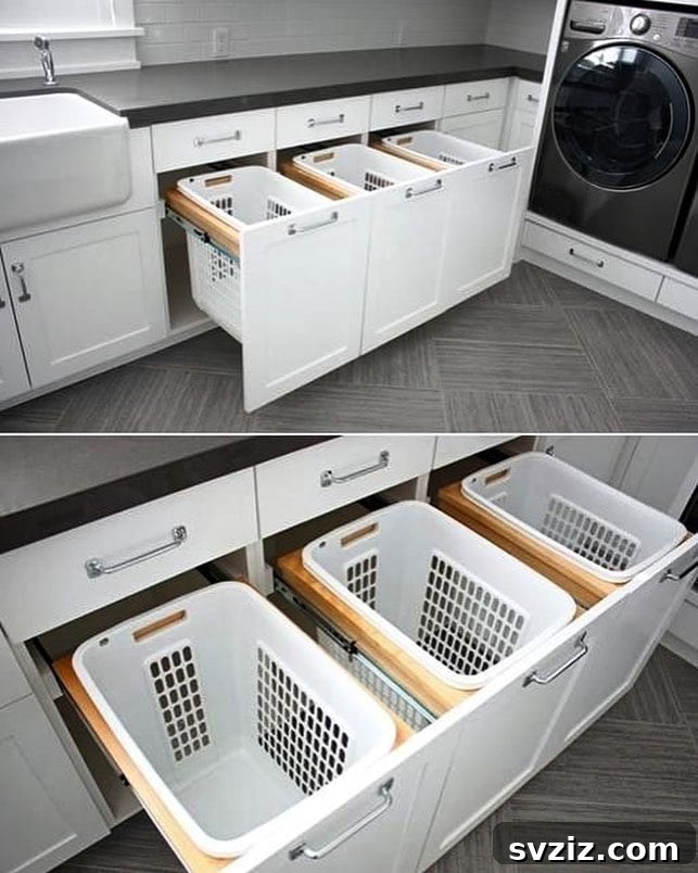 Pull-out drawer system with integrated laundry hampers