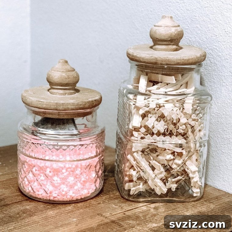 Clothespins stored neatly in decorative glass jars