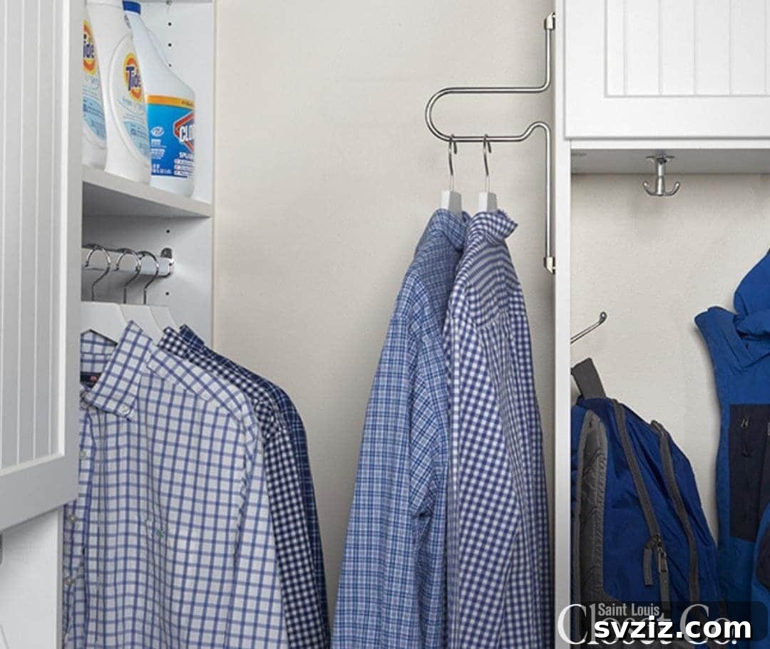 Wall-mounted clothes rack in a laundry room for hanging garments