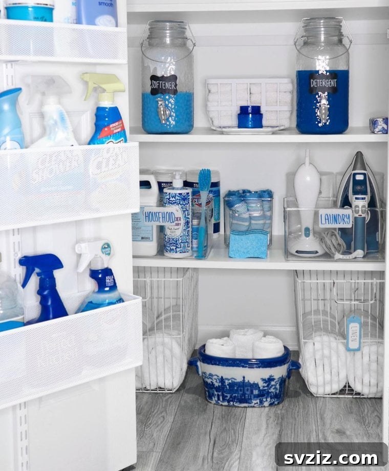 Organized laundry closet with shelves and baskets