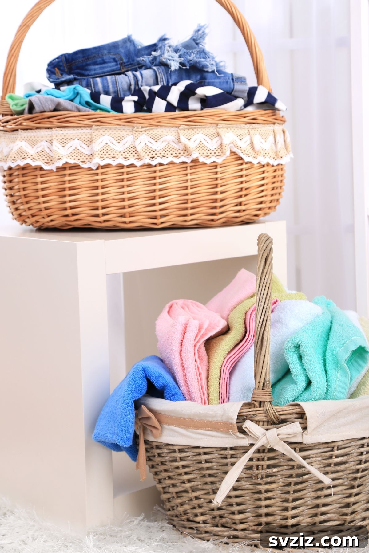 Laundry room shelves with labeled baskets for clothes organization