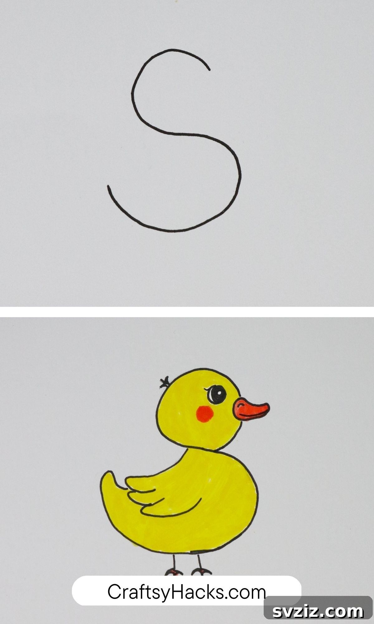 A simple drawing hack showing how to turn the letter S into a charming duckling.