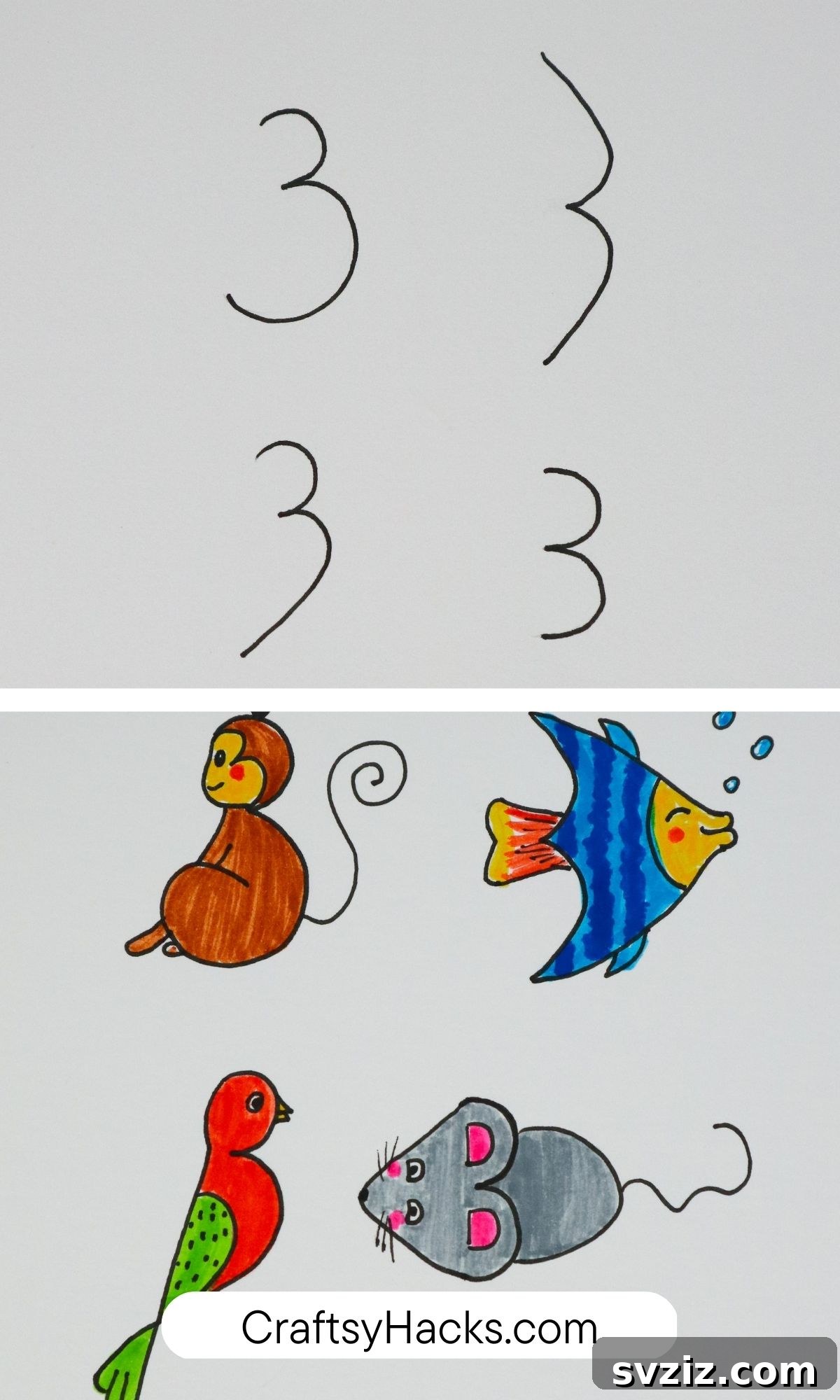 Creative drawing tutorial to create various zoo animals using the number 3.