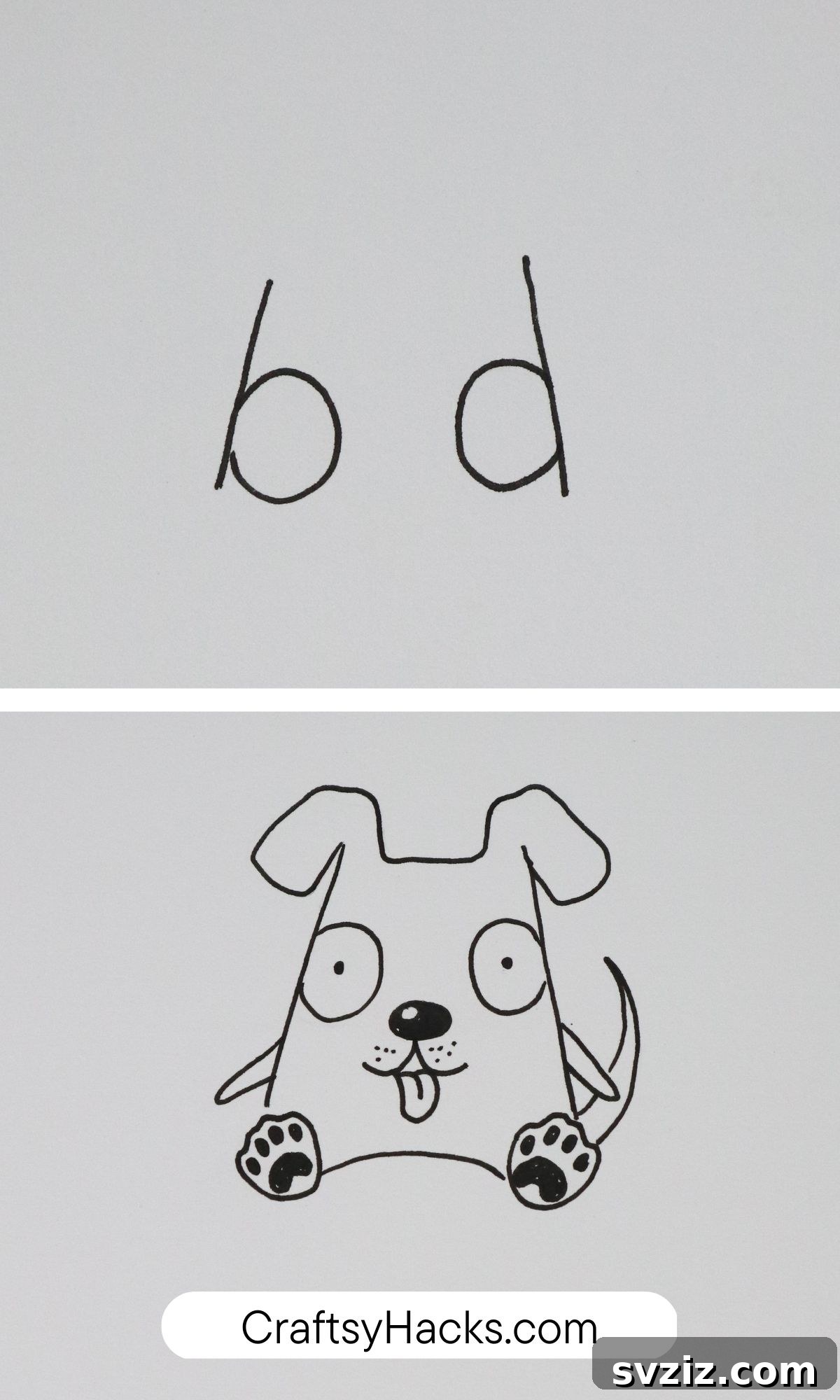 Drawing hack transforming letters b and d into an excited dog.