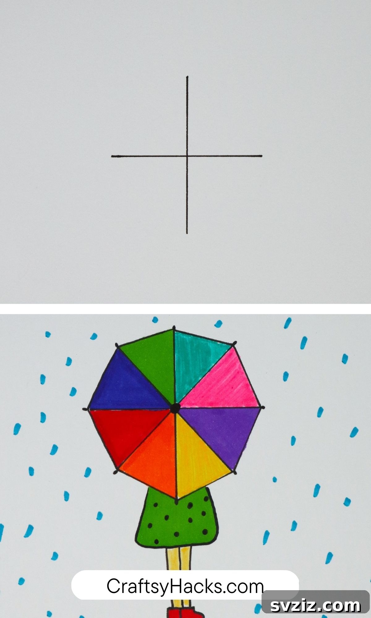 Drawing hack transforming the letter t into a person holding an umbrella in the rain.