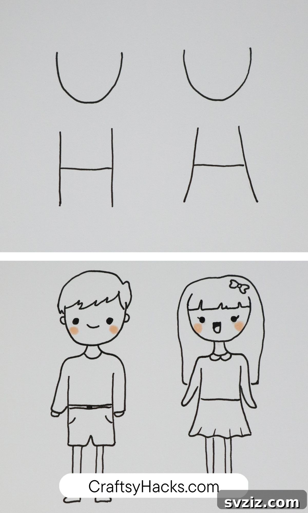 Drawing tutorial showing how to create simple stick-figure kids from basic outlines.