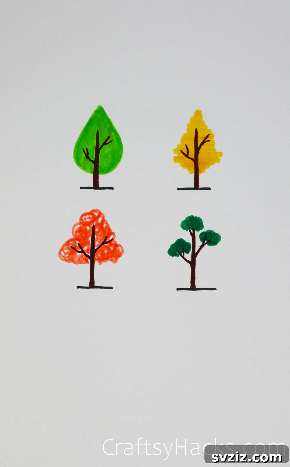 Easy drawing ideas for different types of trees, suitable for a park scene.