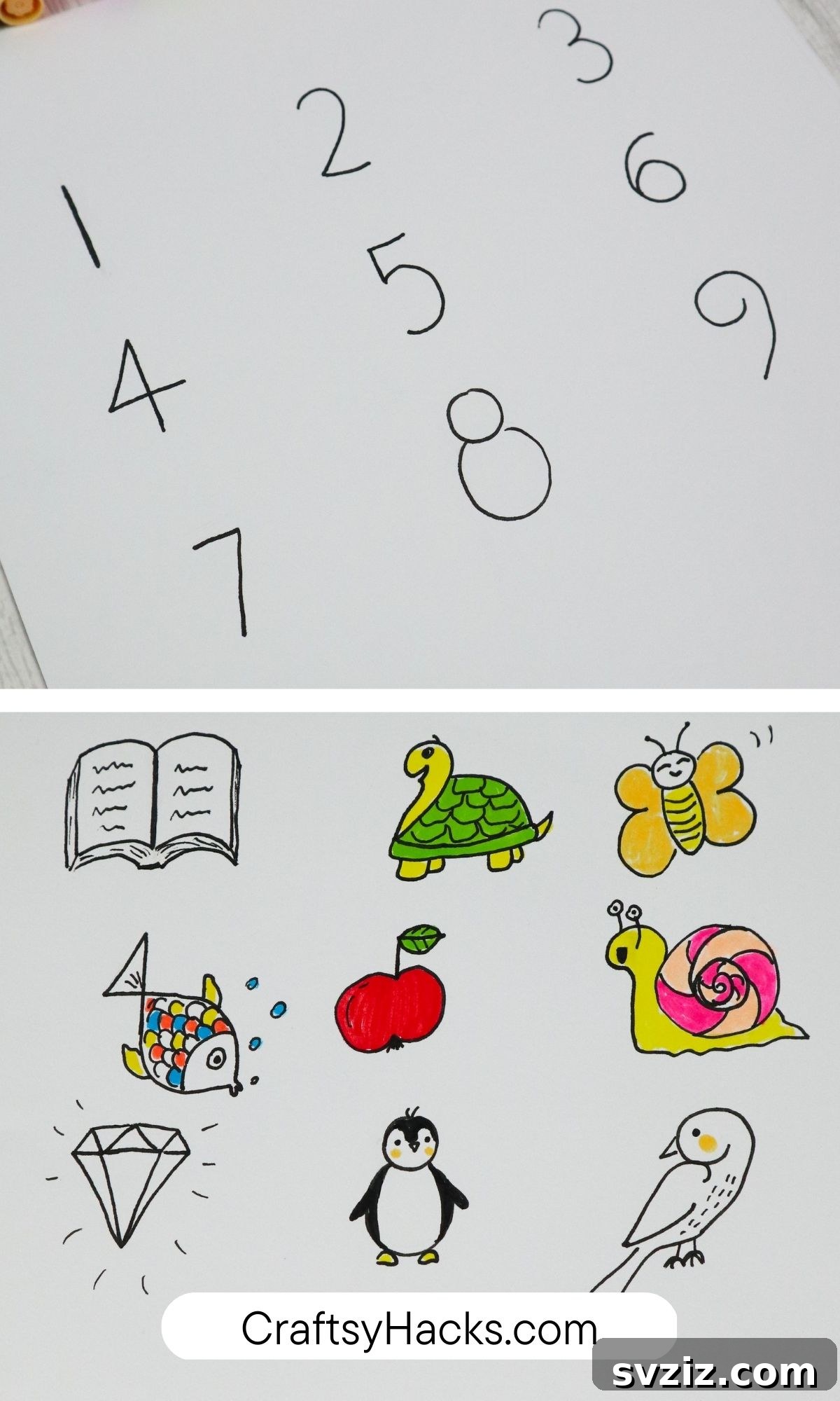 Creative drawing hack transforming numbers 1 to 9 into various cartoon characters.