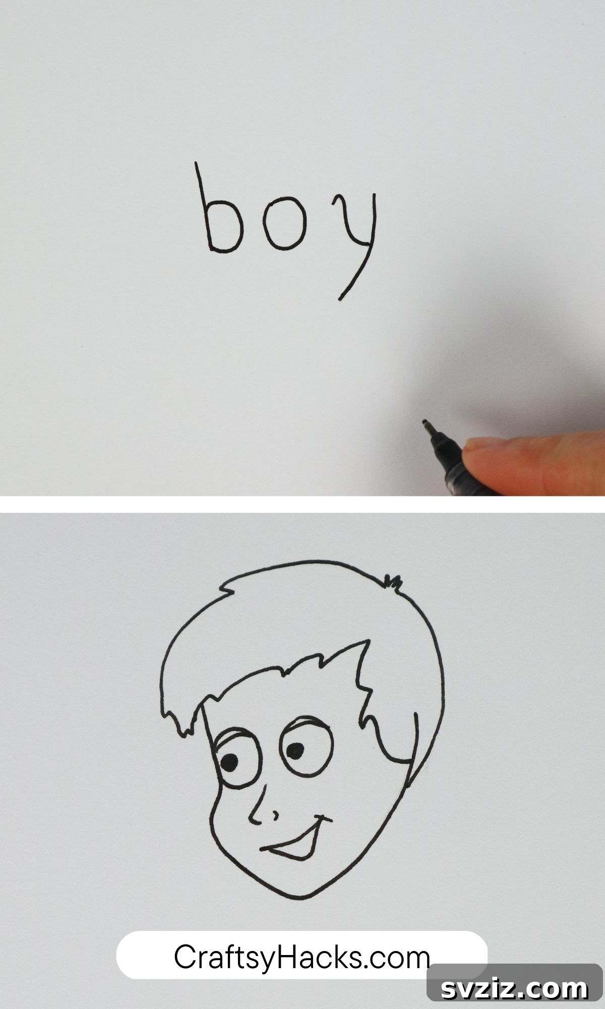 Drawing hack transforming letters b, o, y into a boy's expressive cartoon face.