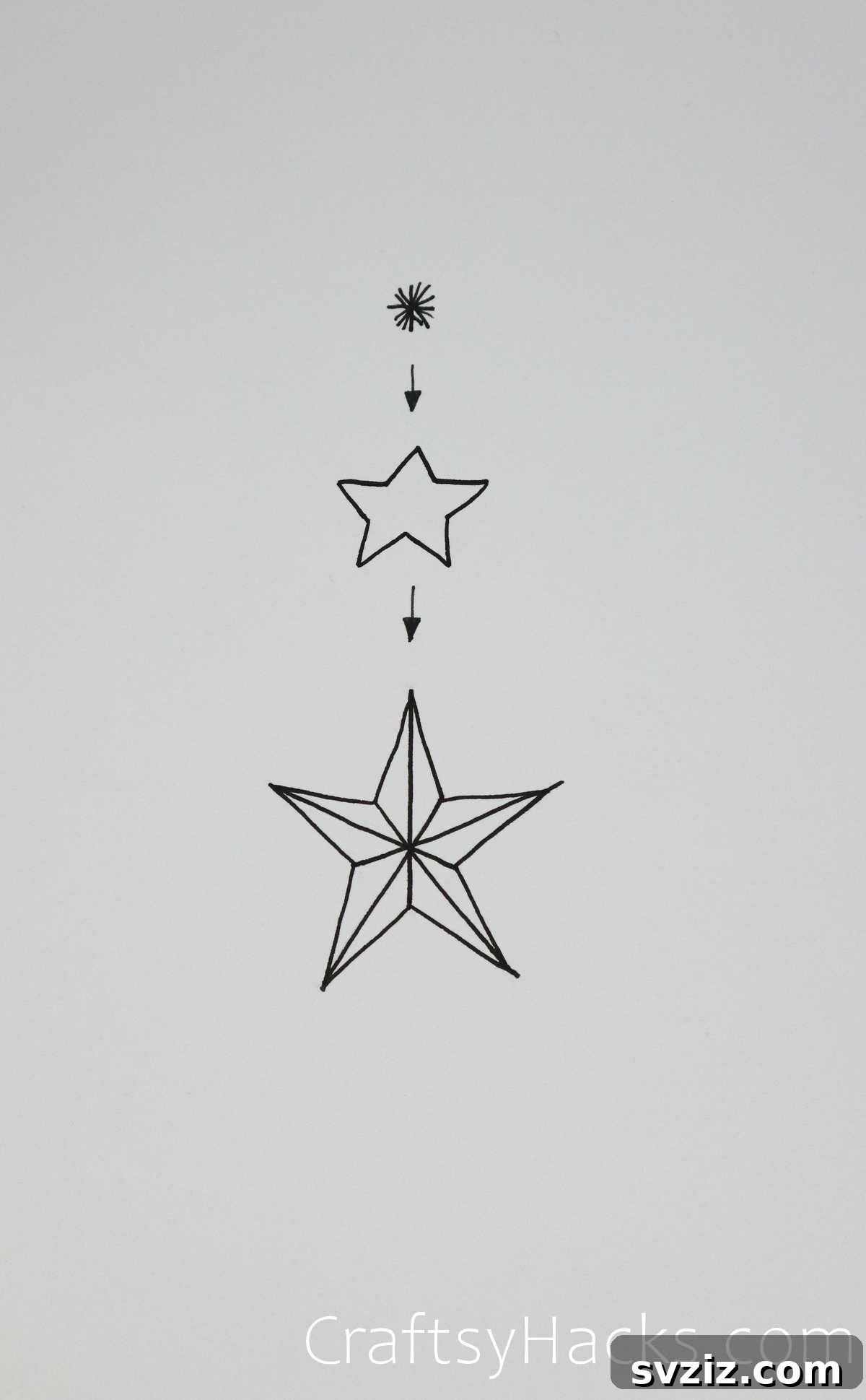 Tutorial for drawing a rising star with radiating lines and triangular shapes.