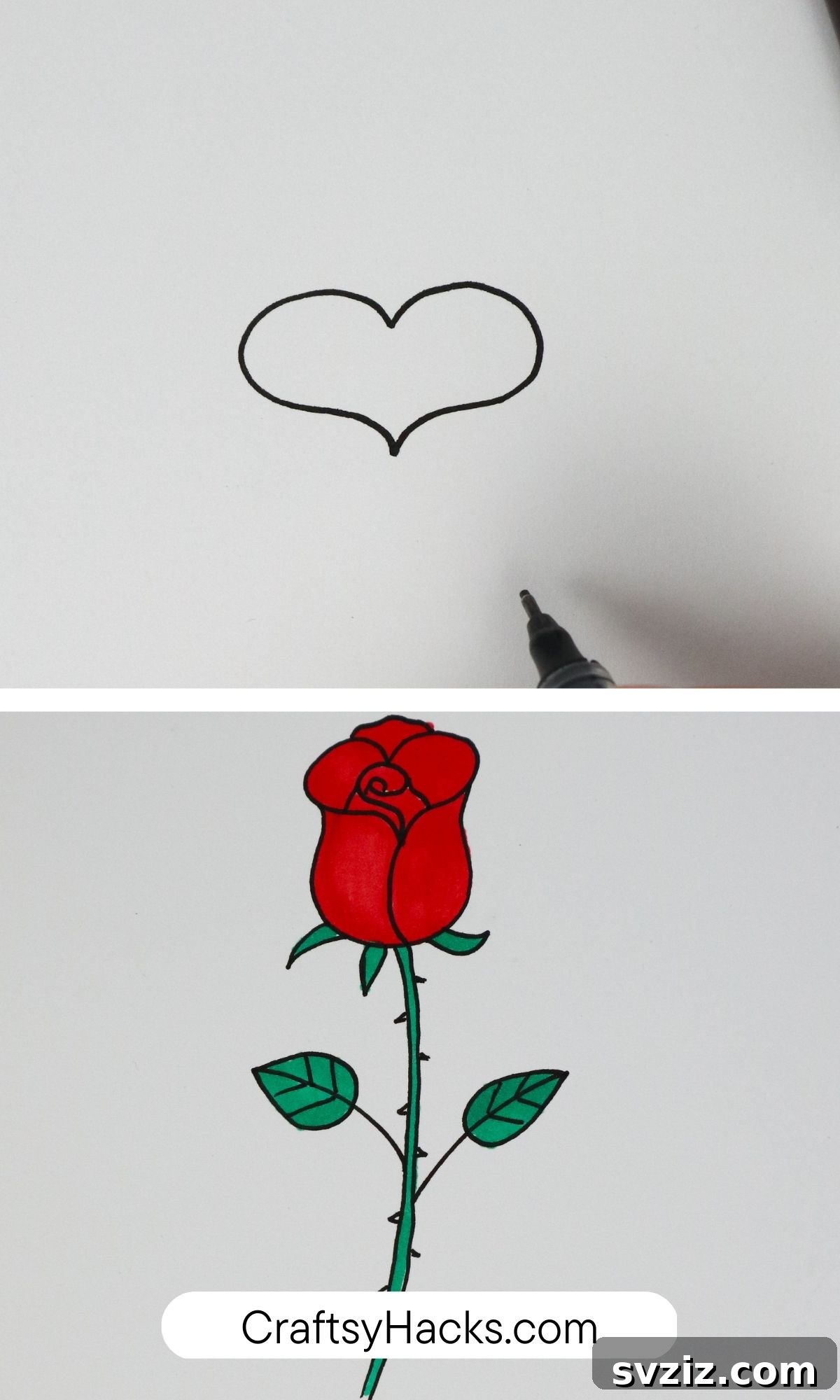 Drawing hack transforming a heart shape into a beautiful rose.