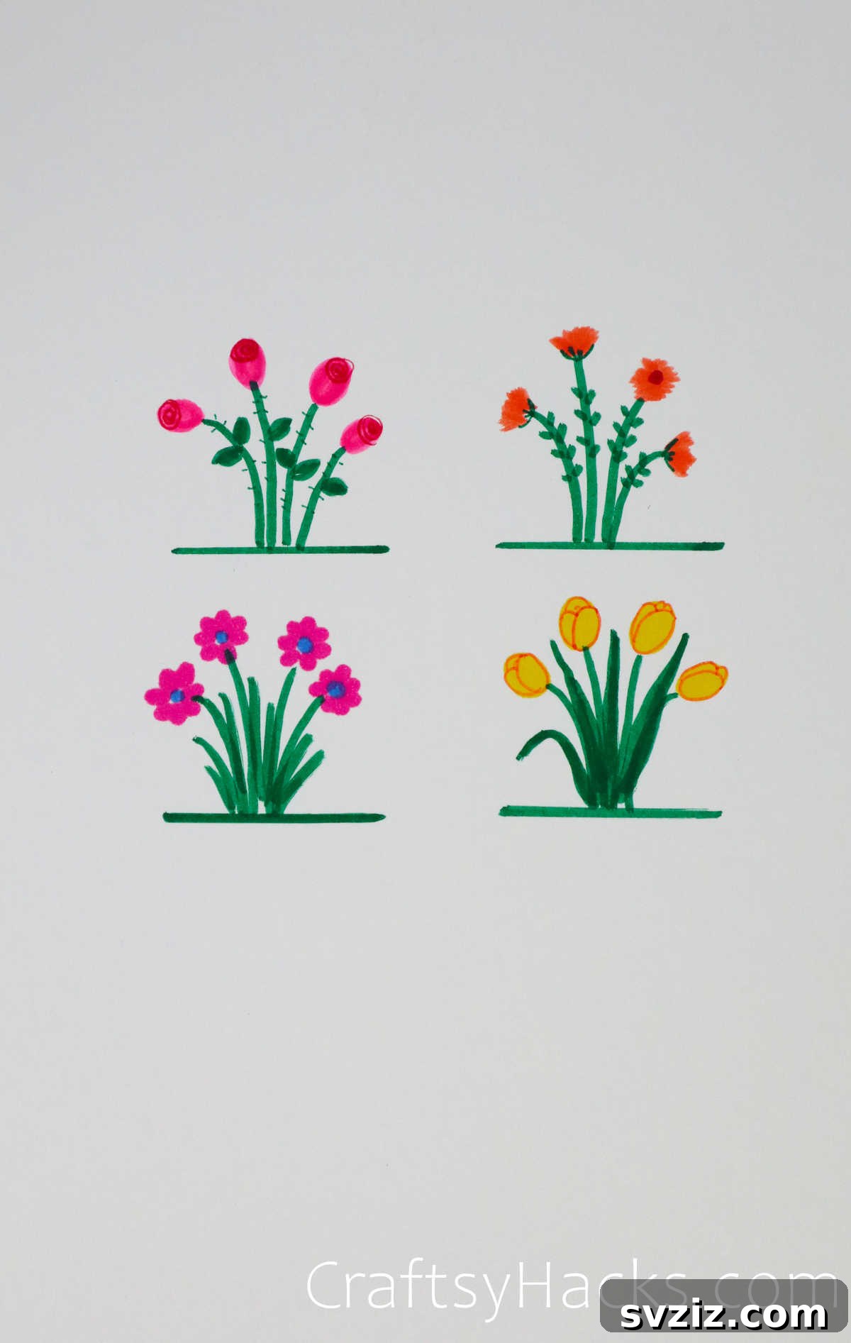 Drawing guide for a series of daisies, emphasizing simple lines and petals.