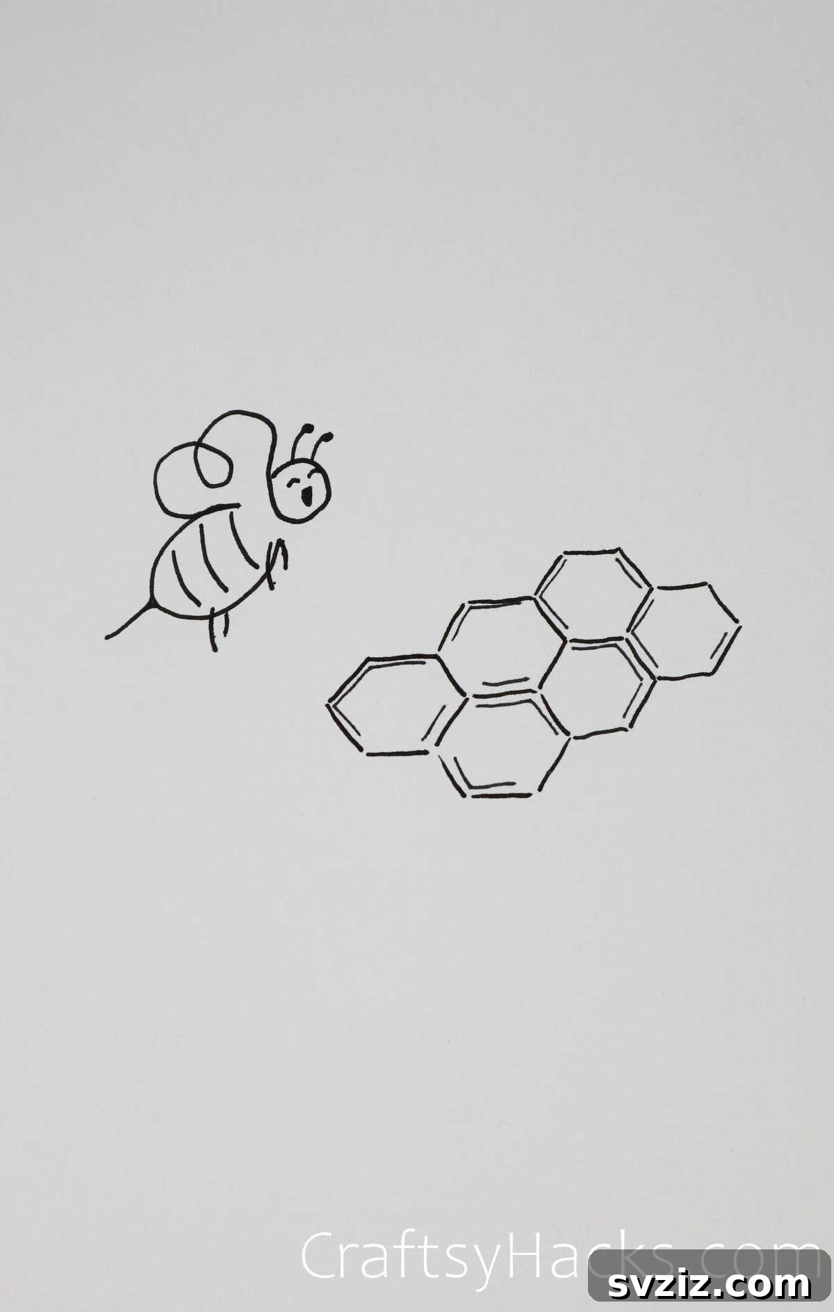Drawing tutorial for a bee and honeycomb using simple shapes and an angled '3'.