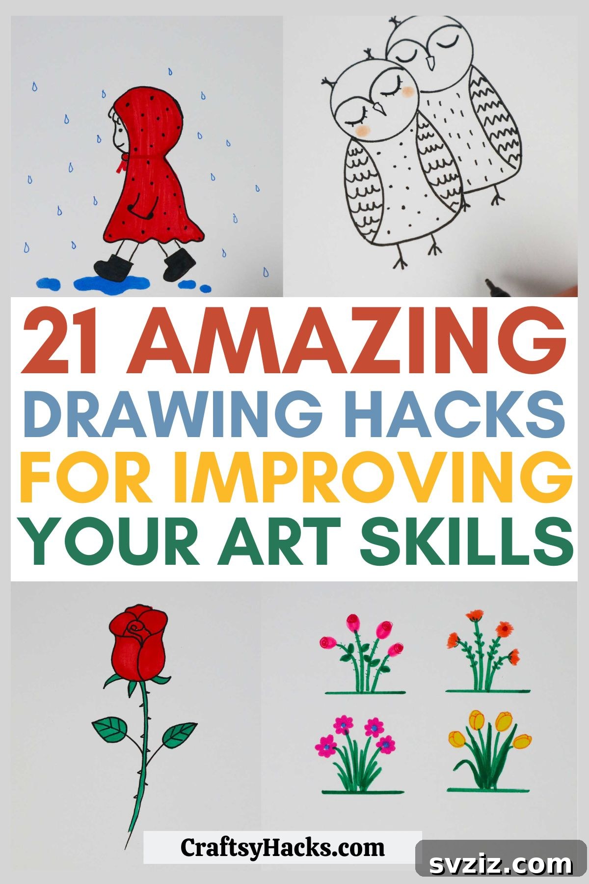A vibrant collage of drawing illustrations demonstrating various art skill improvement tips.