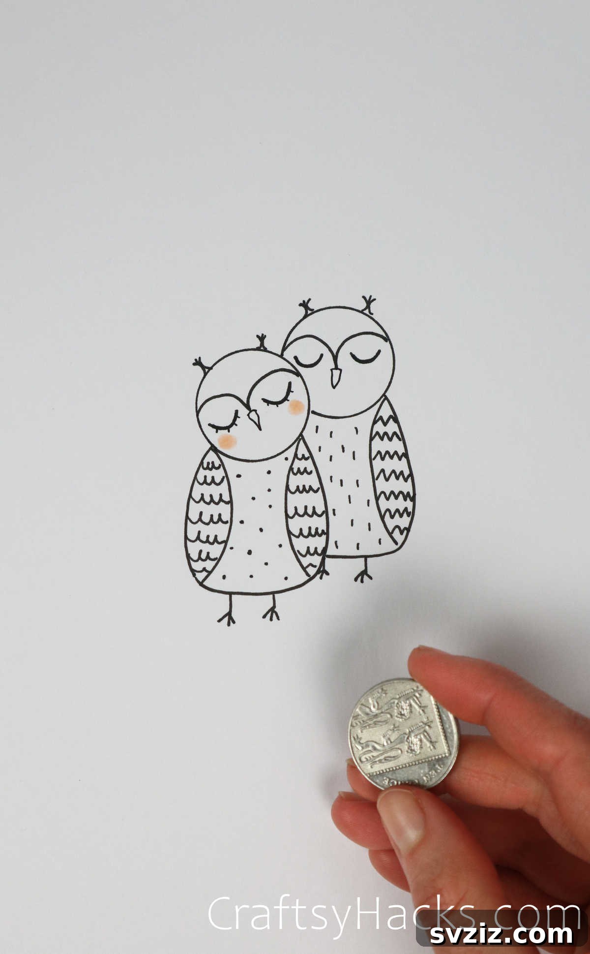 Step-by-step drawing of a pair of owls using simple shapes.