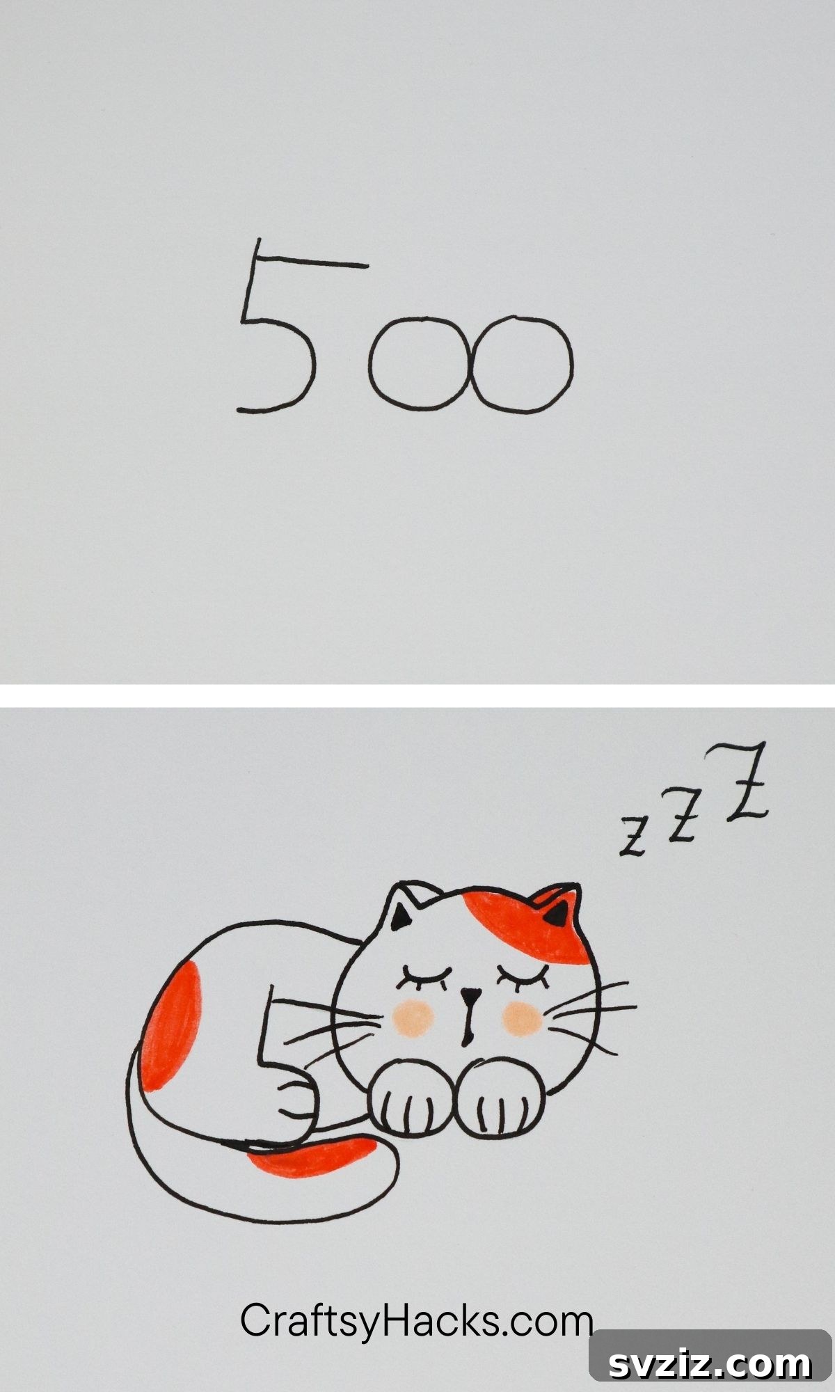 Tutorial showing how to transform the number 500 into a drawing of a sleepy cat.