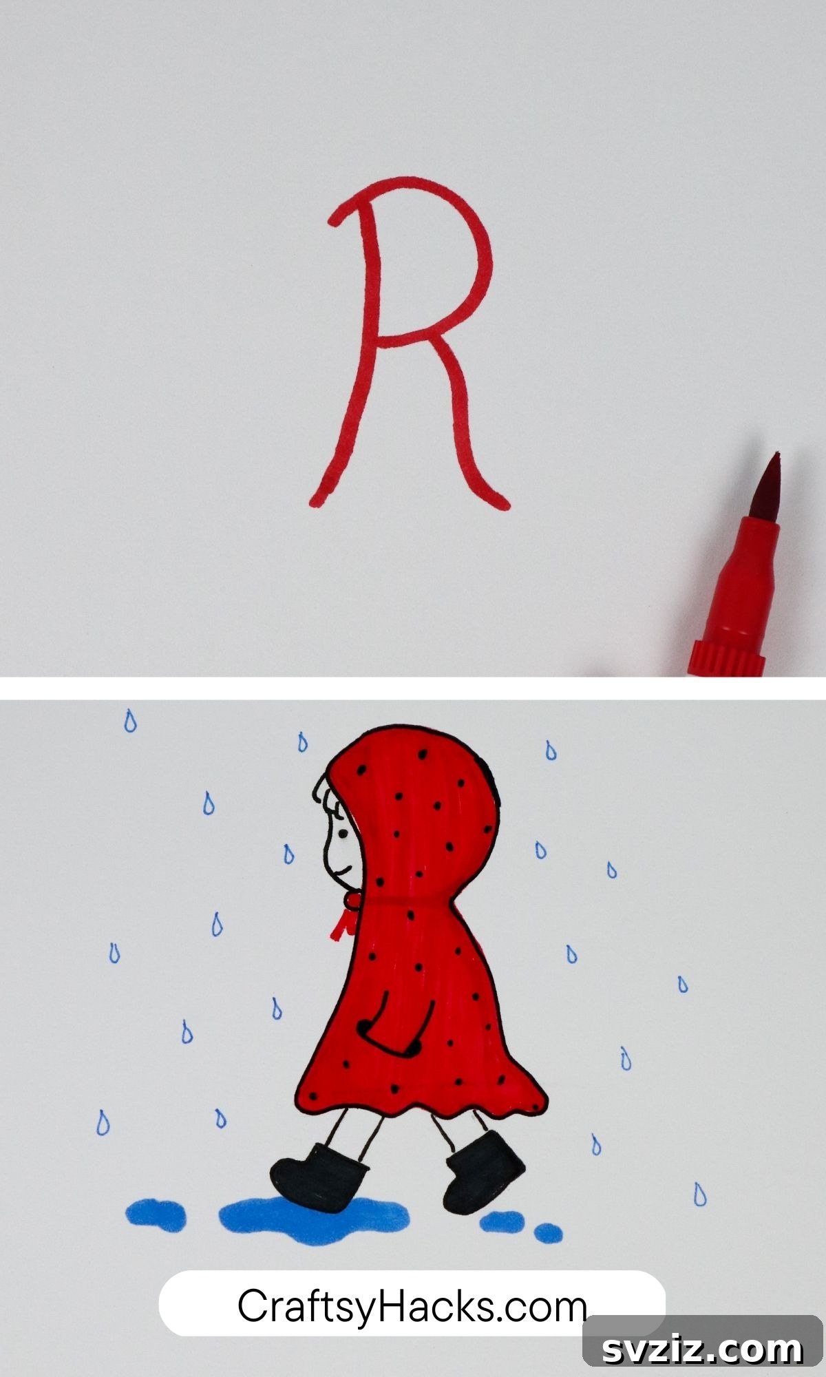 Step-by-step guide to drawing a girl in a raincoat using the letter R as a base.
