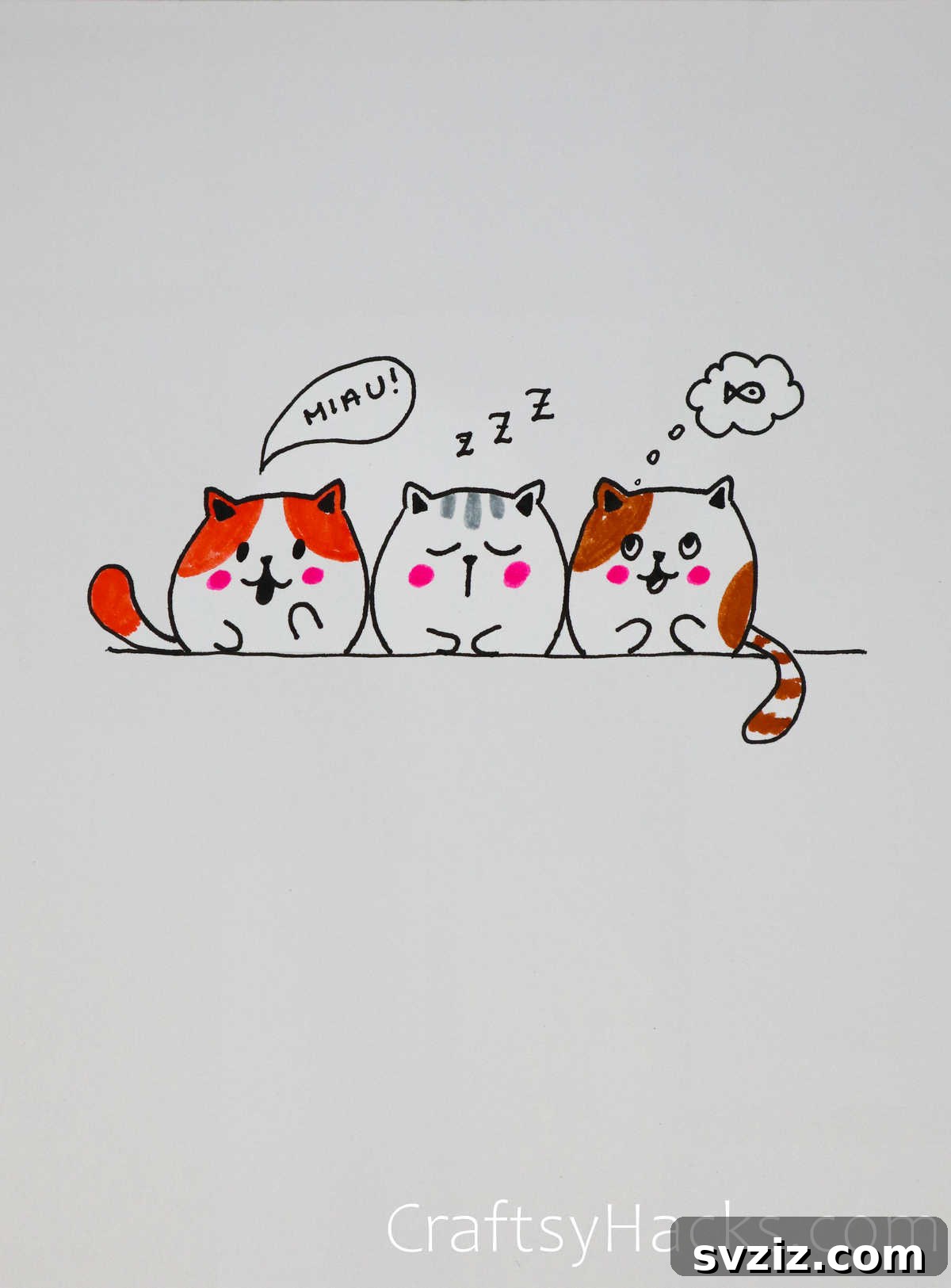 Drawing guide for creating a trio of cute cats using simple shapes.