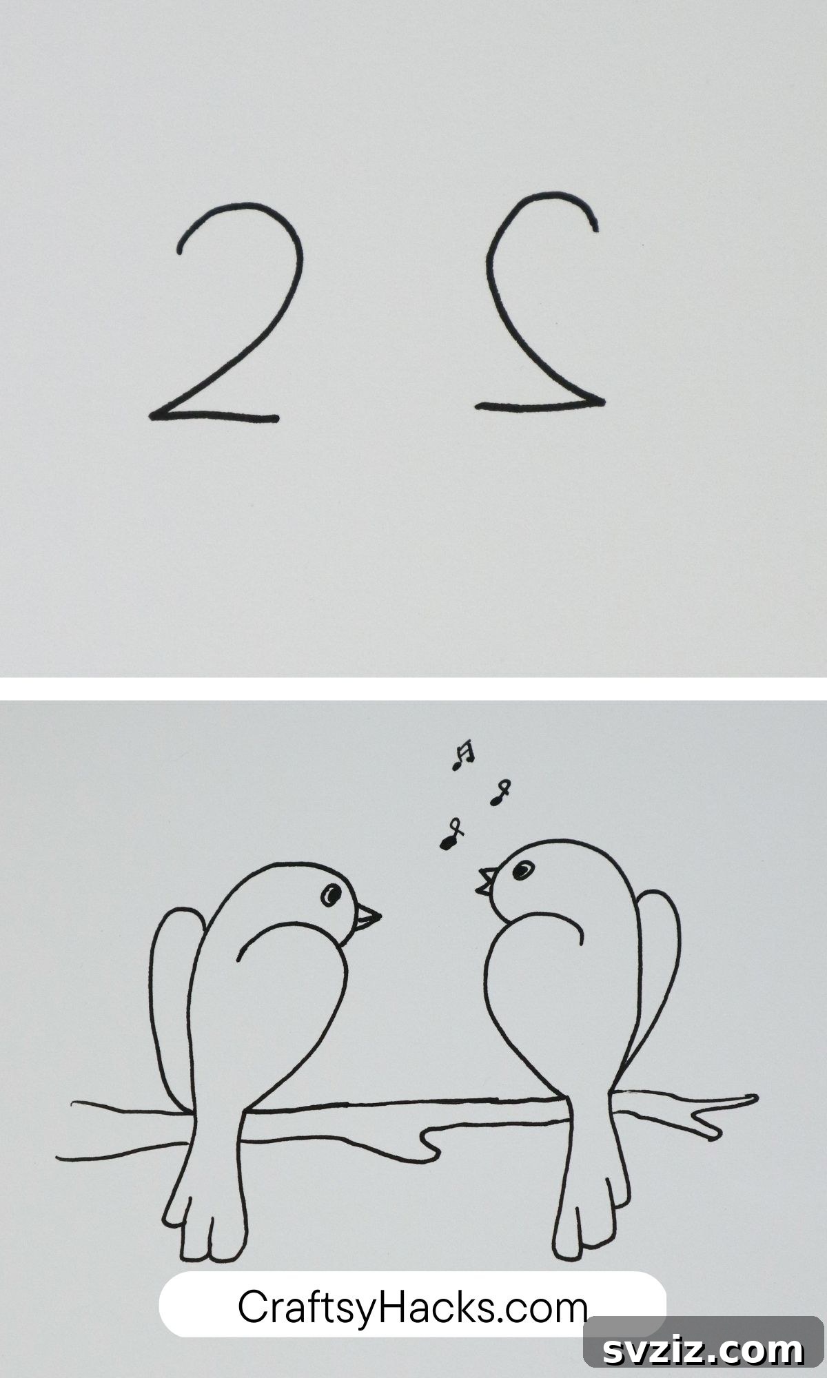 Drawing hack transforming two number 2s into elegant doves.