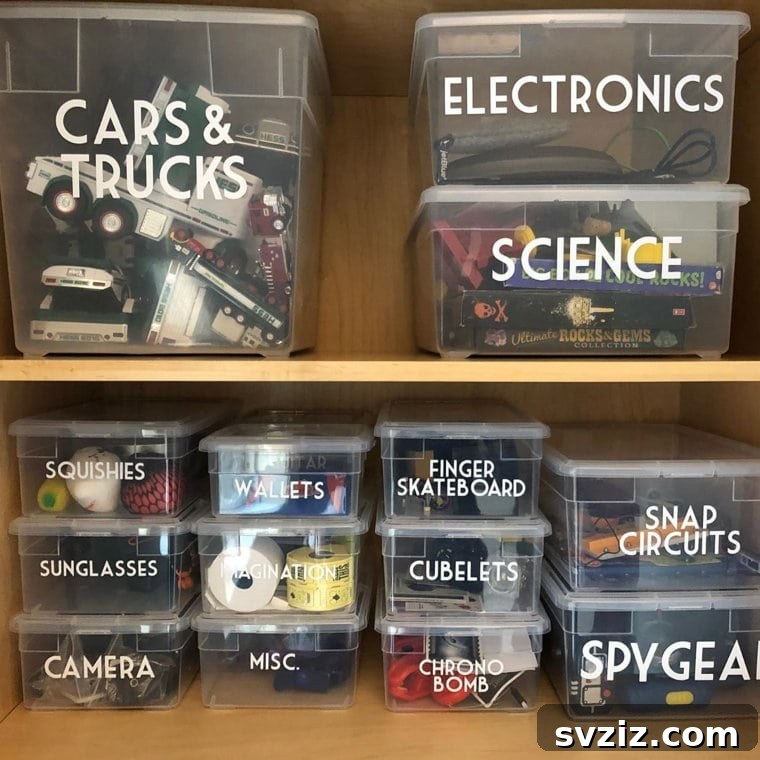 Organized Plastic Storage Containers with White Labels