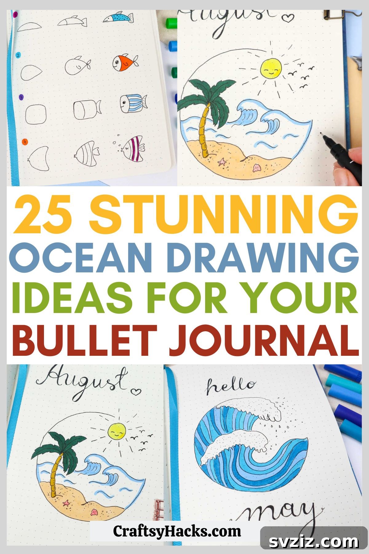 Make Waves: 25 Ocean Doodles for Your Bullet Journal 2 Collection of colorful ocean doodle drawing ideas for bullet journals, featuring waves, sea creatures, and marine elements.