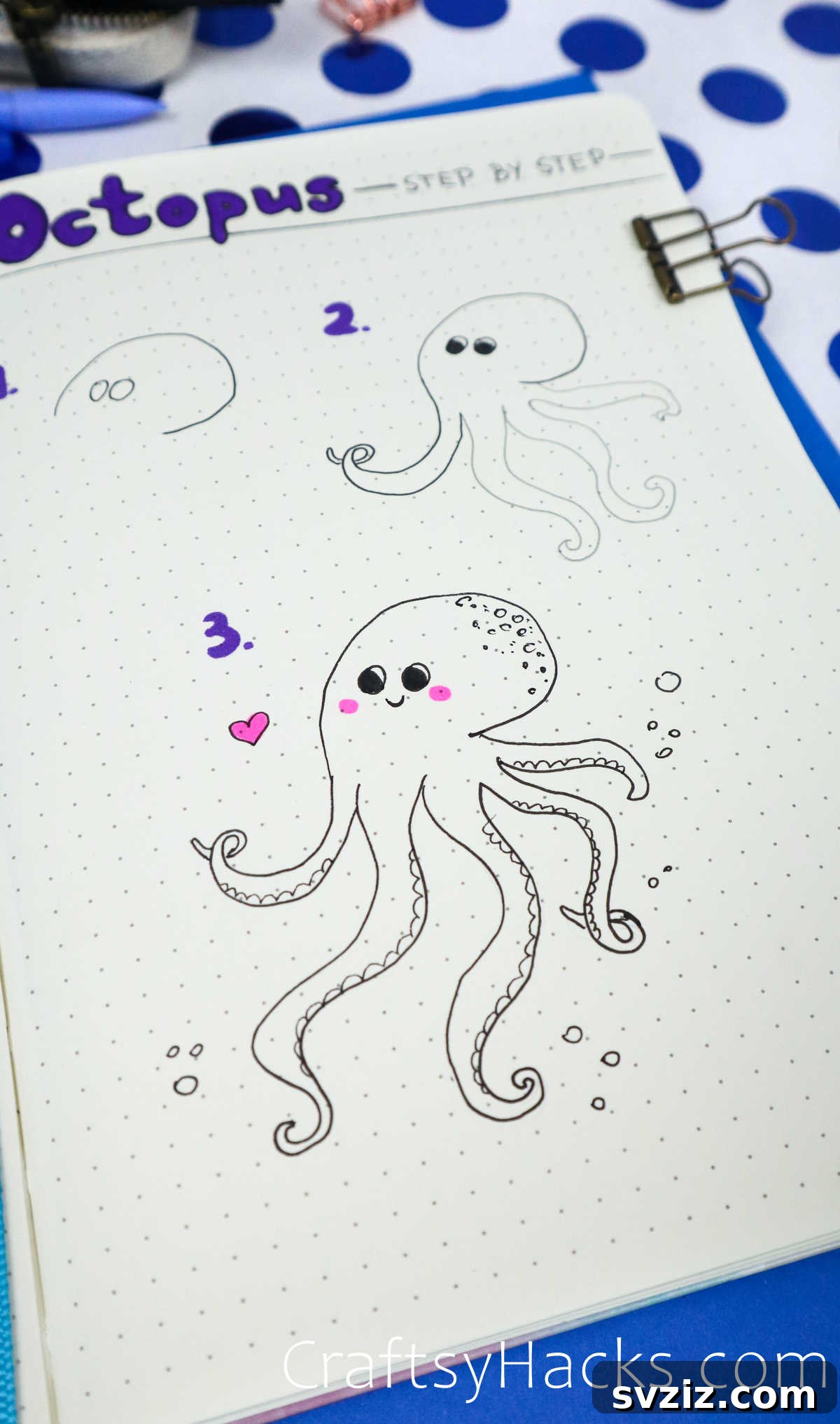 Make Waves: 25 Ocean Doodles for Your Bullet Journal 11 Step by step tutorial for drawing an octopus doodle