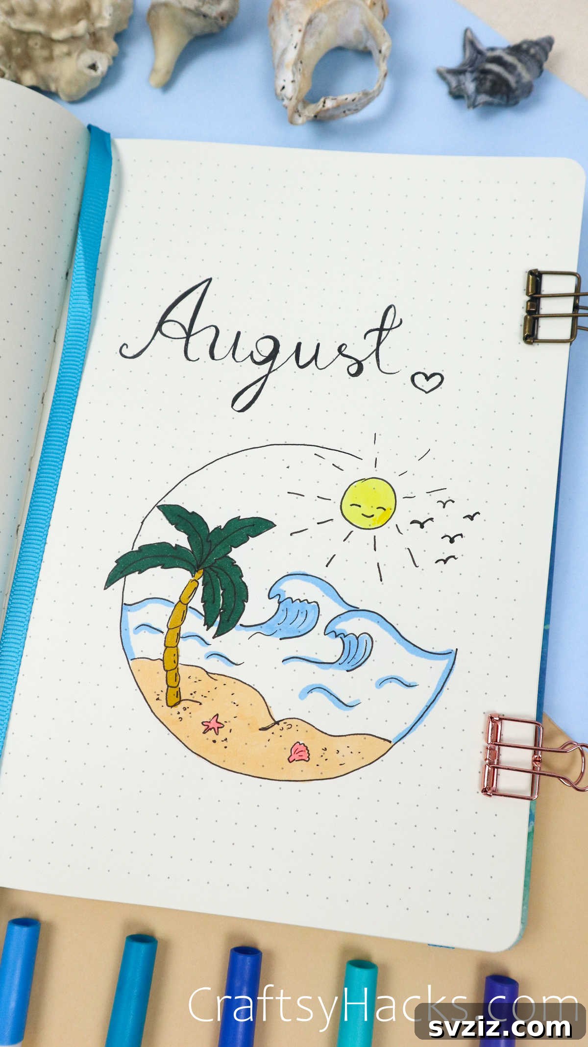 Make Waves: 25 Ocean Doodles for Your Bullet Journal 12 Circular beach scene doodle drawing