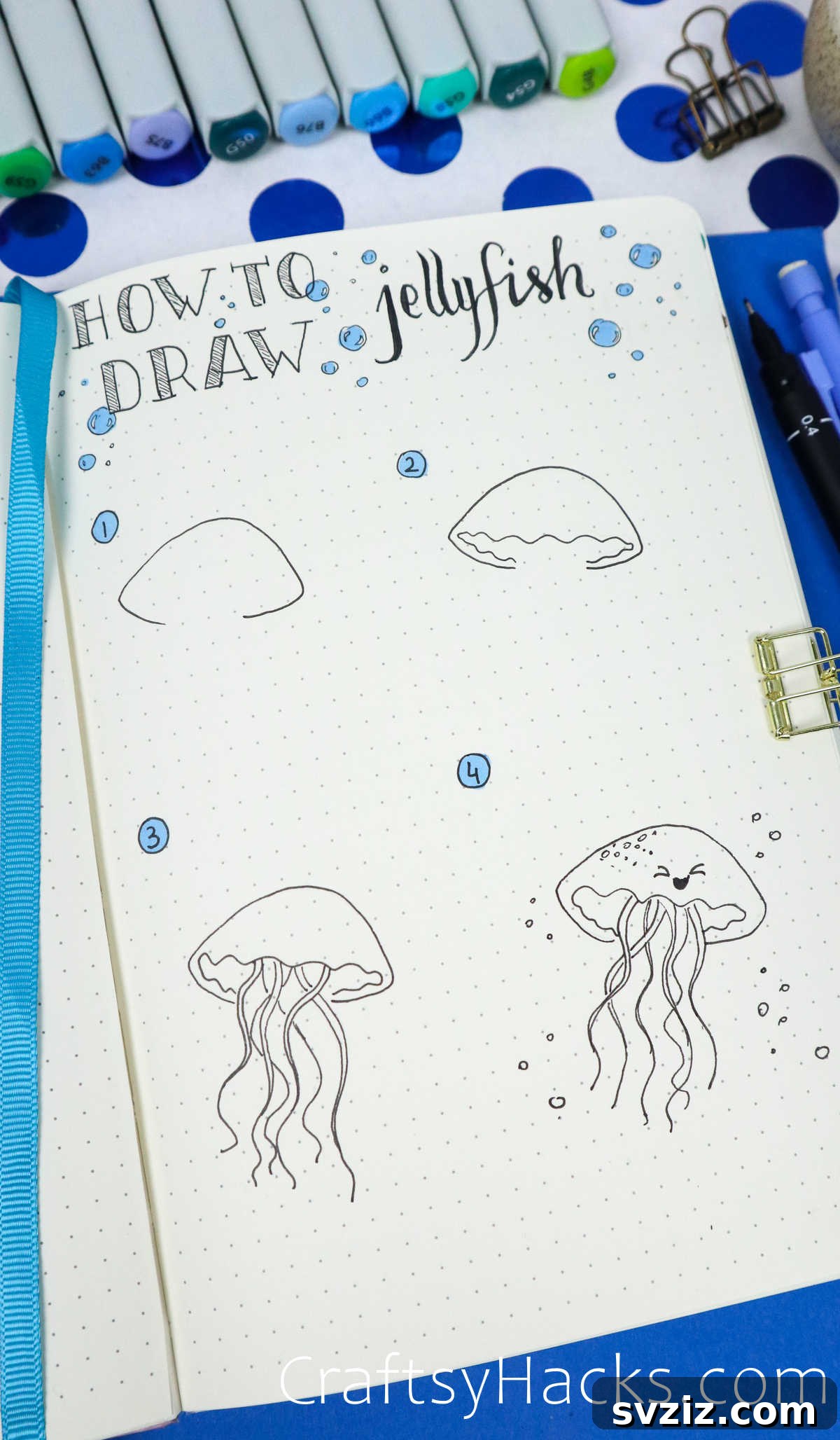 Make Waves: 25 Ocean Doodles for Your Bullet Journal 13 Step by step tutorial for drawing a jellyfish doodle