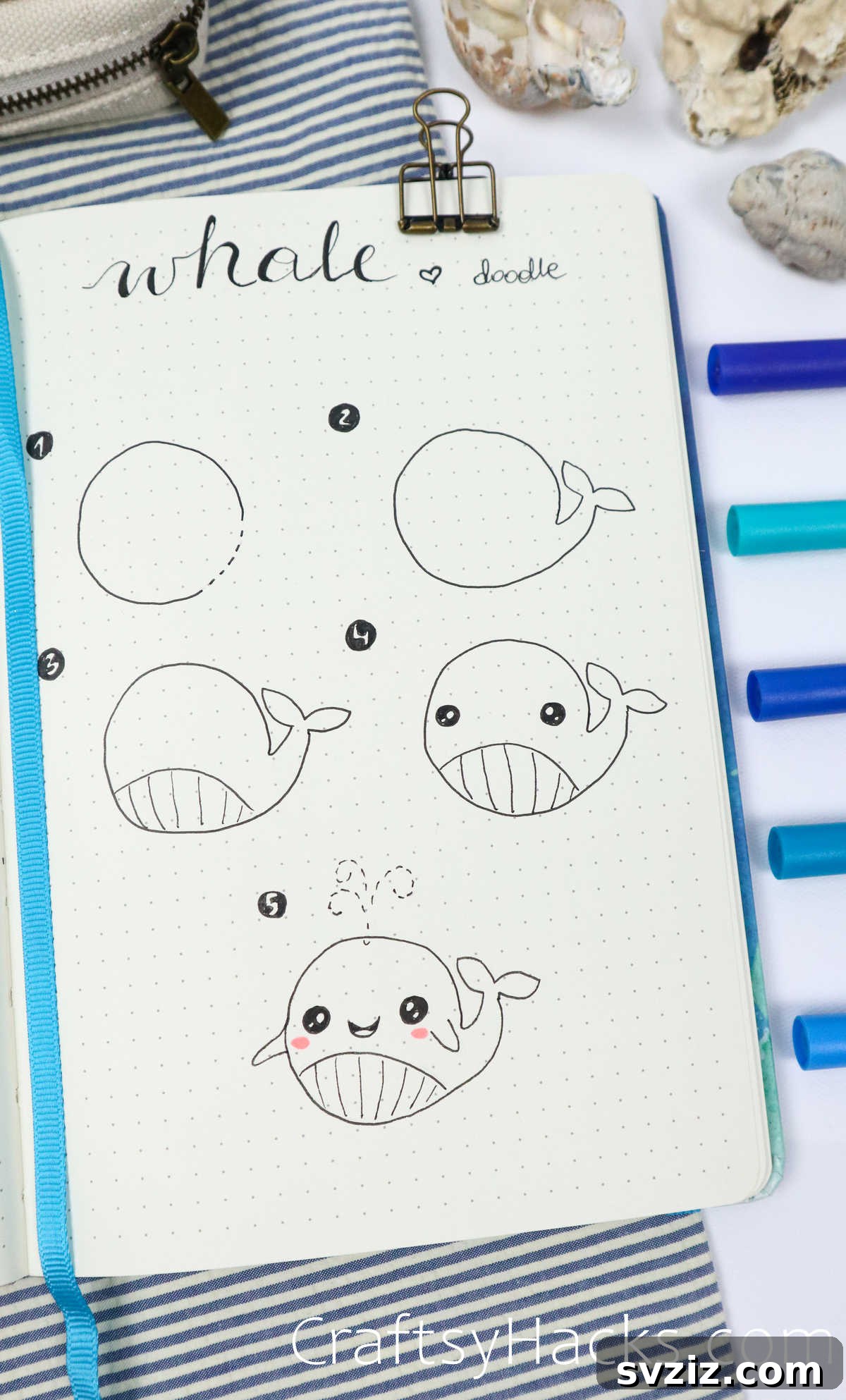 Make Waves: 25 Ocean Doodles for Your Bullet Journal 14 Step by step tutorial for drawing a whale doodle