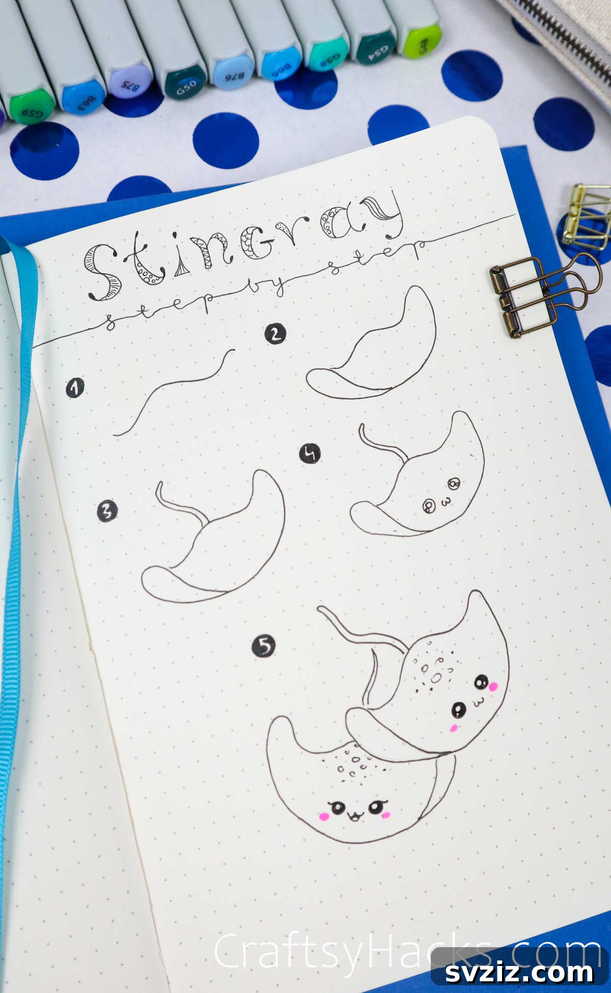 Make Waves: 25 Ocean Doodles for Your Bullet Journal 15 Step by step tutorial for drawing a stingray doodle